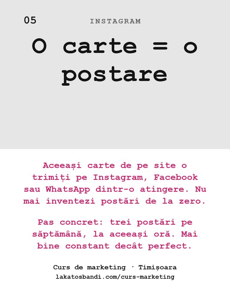 Instagram: O carte = o postare Aceeași carte de pe site o trimiți pe Instagram, Facebook sau WhatsApp dintr-o atingere. Nu mai inventezi postări de la zero. Pas concret: trei postări pe săptămână, la aceeași oră. Mai bine constant decât perfect.