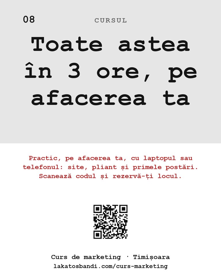 Cursul: Toate astea în 3 ore, pe afacerea ta Practic, pe afacerea ta, cu laptopul sau telefonul: site, pliant și primele postări. Scanează codul și rezervă-ți locul. Pas concret: adu și datele de acces la conturile tale de Google și Instagram.