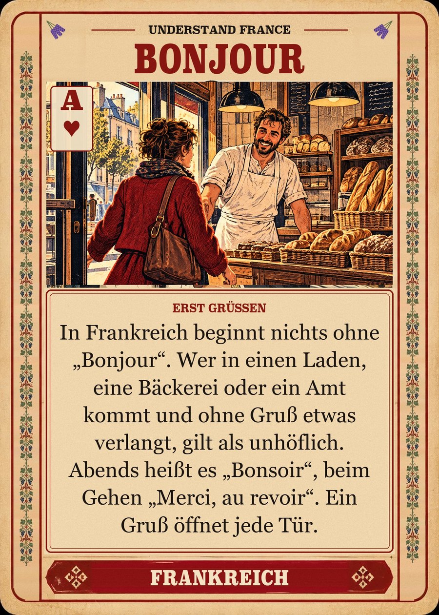 BONJOUR — erst grüßen. In Frankreich beginnt nichts ohne „Bonjour“. Wer in einen Laden, eine Bäckerei oder ein Amt kommt und ohne Gruß etwas verlangt, gilt als unhöflich. Abends heißt es „Bonsoir“, beim Gehen „Merci, au revoir“. Ein Gruß öffnet jede Tür.