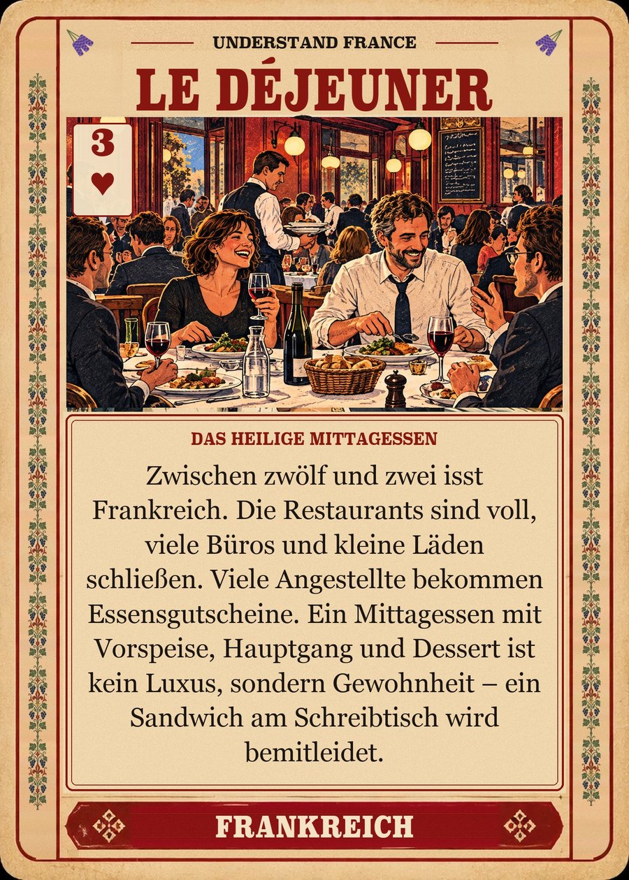 LE DÉJEUNER — das heilige Mittagessen. Zwischen zwölf und zwei isst Frankreich. Die Restaurants sind voll, viele Büros und kleine Läden schließen. Viele Angestellte bekommen Essensgutscheine. Ein Mittagessen mit Vorspeise, Hauptgang und Dessert ist kein Luxus, sondern Gewohnheit – ein Sandwich am Schreibtisch wird bemitleidet.