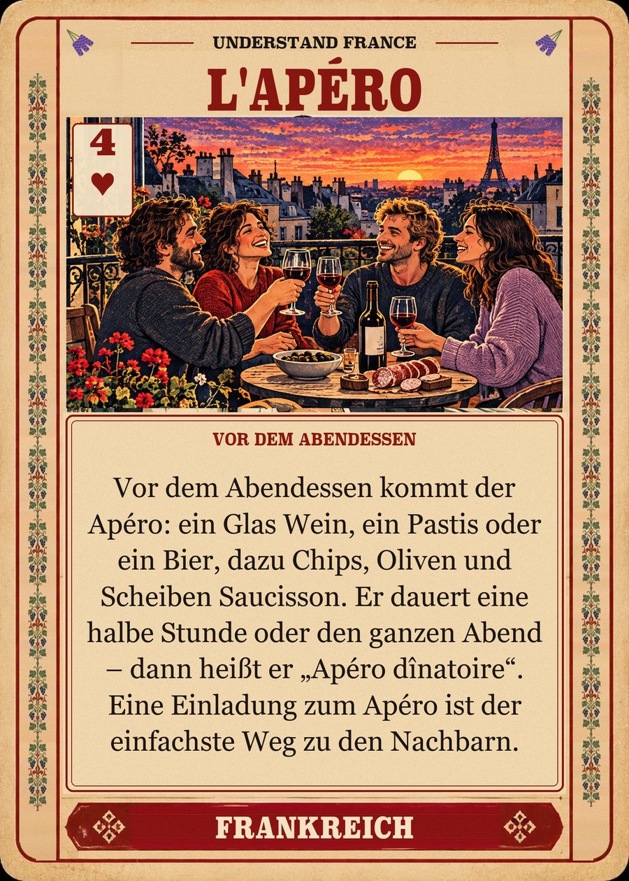 L'APÉRO — vor dem Abendessen. Vor dem Abendessen kommt der Apéro: ein Glas Wein, ein Pastis oder ein Bier, dazu Chips, Oliven und Scheiben Saucisson. Er dauert eine halbe Stunde oder den ganzen Abend – dann heißt er „Apéro dînatoire“. Eine Einladung zum Apéro ist der einfachste Weg zu den Nachbarn.