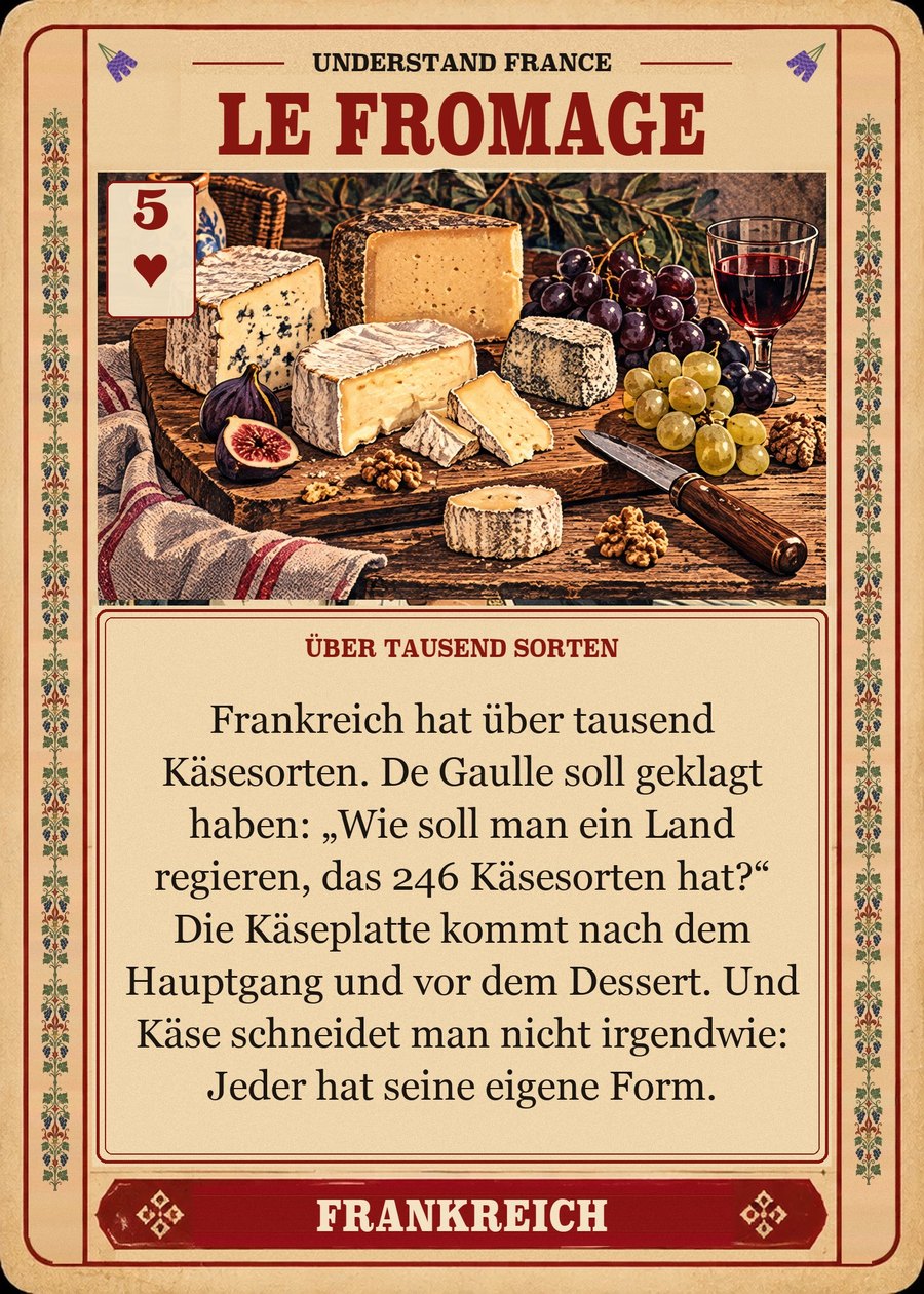 LE FROMAGE — über tausend Sorten. Frankreich hat über tausend Käsesorten. De Gaulle soll geklagt haben: „Wie soll man ein Land regieren, das 246 Käsesorten hat?“ Die Käseplatte kommt nach dem Hauptgang und vor dem Dessert. Und Käse schneidet man nicht irgendwie: Jeder hat seine eigene Form.