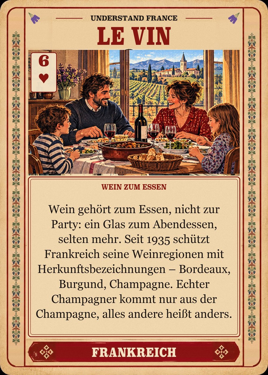 LE VIN — Wein zum Essen. Wein gehört zum Essen, nicht zur Party: ein Glas zum Abendessen, selten mehr. Seit 1935 schützt Frankreich seine Weinregionen mit Herkunftsbezeichnungen – Bordeaux, Burgund, Champagne. Echter Champagner kommt nur aus der Champagne, alles andere heißt anders.