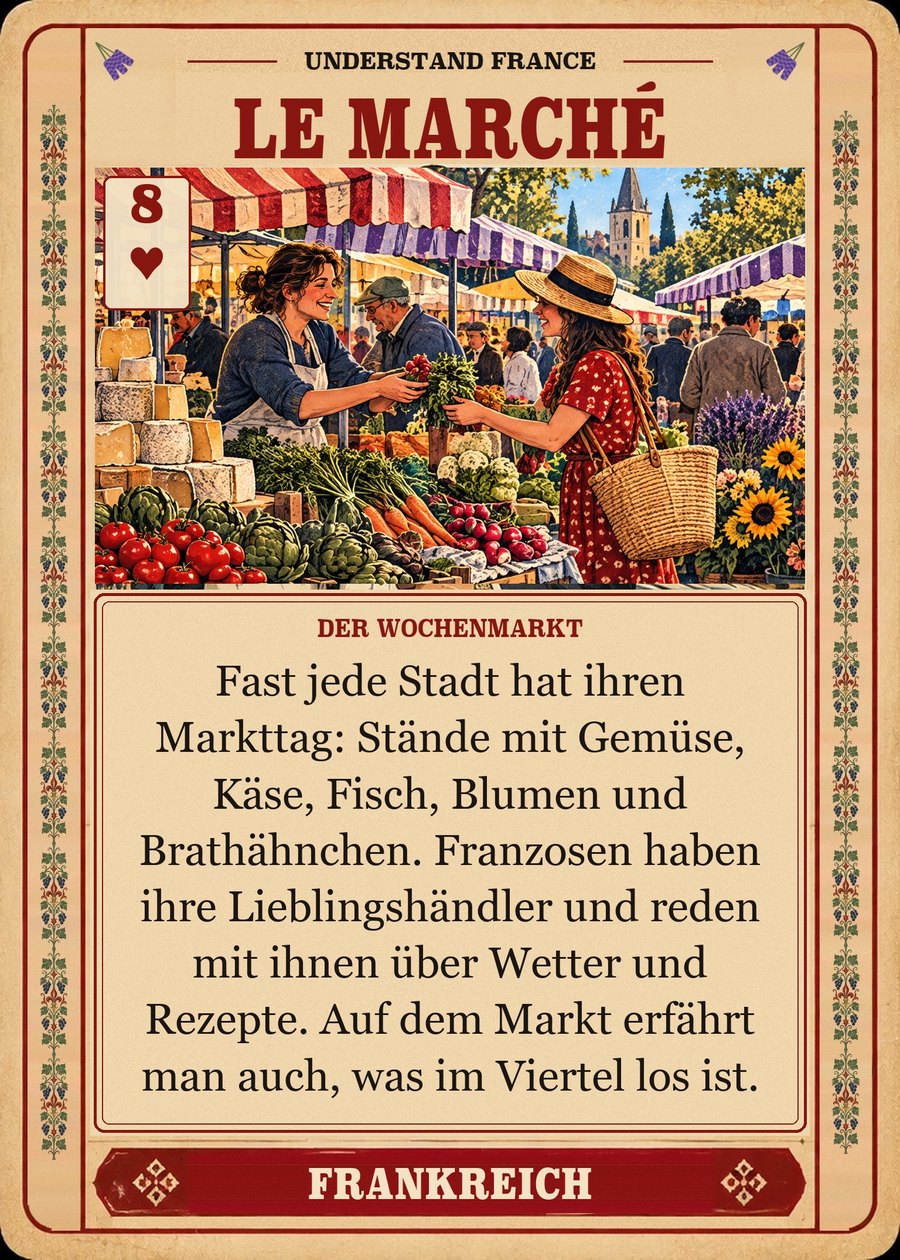 LE MARCHÉ — der Wochenmarkt. Fast jede Stadt hat ihren Markttag: Stände mit Gemüse, Käse, Fisch, Blumen und Brathähnchen. Franzosen haben ihre Lieblingshändler und reden mit ihnen über Wetter und Rezepte. Auf dem Markt erfährt man auch, was im Viertel los ist.