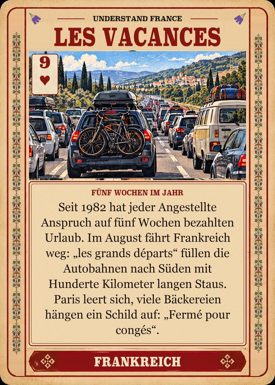 LES VACANCES — fünf Wochen im Jahr. Seit 1982 hat jeder Angestellte Anspruch auf fünf Wochen bezahlten Urlaub. Im August fährt Frankreich weg: „les grands départs“ füllen die Autobahnen nach Süden mit Hunderte Kilometer langen Staus. Paris leert sich, viele Bäckereien hängen ein Schild auf: „Fermé pour congés“.