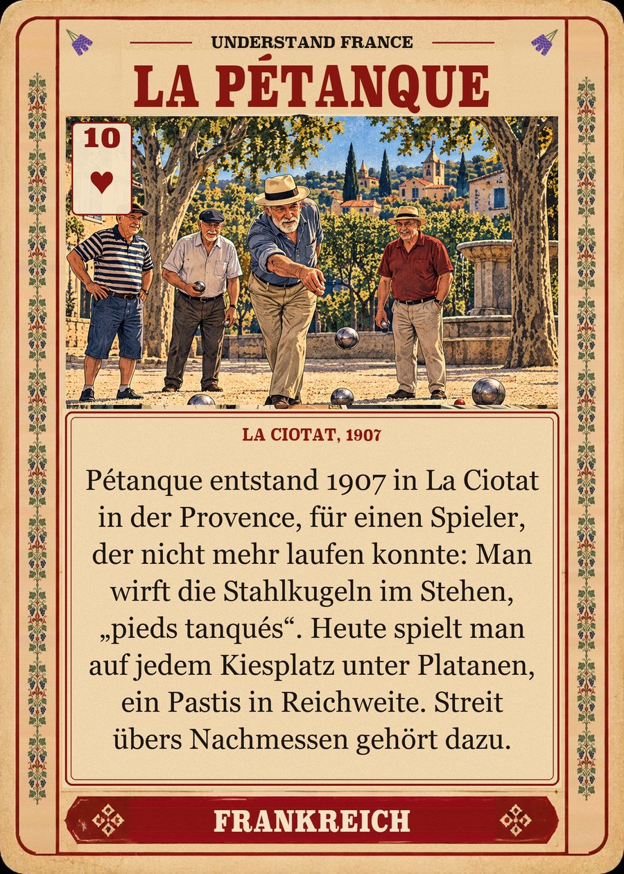 LA PÉTANQUE — La Ciotat, 1907. Pétanque entstand 1907 in La Ciotat in der Provence, für einen Spieler, der nicht mehr laufen konnte: Man wirft die Stahlkugeln im Stehen, „pieds tanqués“. Heute spielt man auf jedem Kiesplatz unter Platanen, ein Pastis in Reichweite. Streit übers Nachmessen gehört dazu.