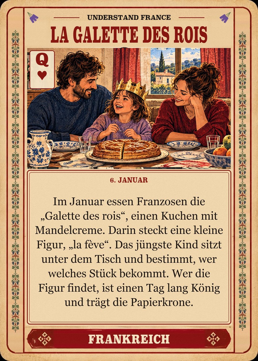 LA GALETTE DES ROIS — 6. Januar. Im Januar essen Franzosen die „Galette des rois“, einen Kuchen mit Mandelcreme. Darin steckt eine kleine Figur, „la fève“. Das jüngste Kind sitzt unter dem Tisch und bestimmt, wer welches Stück bekommt. Wer die Figur findet, ist einen Tag lang König und trägt die Papierkrone.