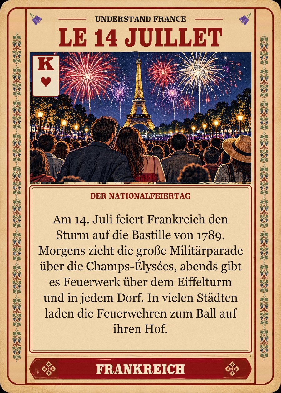 LE 14 JUILLET — der Nationalfeiertag. Am 14. Juli feiert Frankreich den Sturm auf die Bastille von 1789. Morgens zieht die große Militärparade über die Champs-Élysées, abends gibt es Feuerwerk über dem Eiffelturm und in jedem Dorf. In vielen Städten laden die Feuerwehren zum Ball auf ihren Hof.