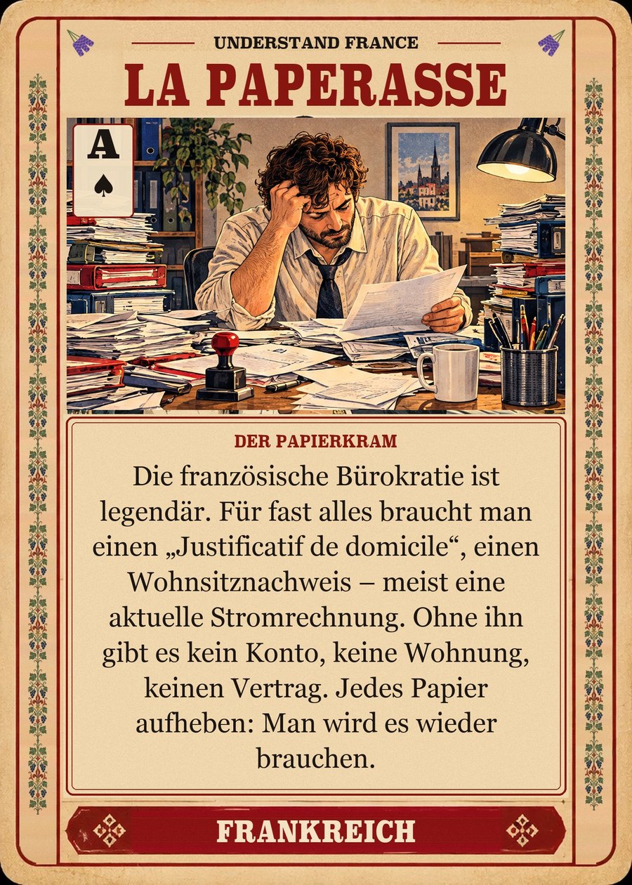LA PAPERASSE — der Papierkram. Die französische Bürokratie ist legendär. Für fast alles braucht man einen „Justificatif de domicile“, einen Wohnsitznachweis – meist eine aktuelle Stromrechnung. Ohne ihn gibt es kein Konto, keine Wohnung, keinen Vertrag. Jedes Papier aufheben: Man wird es wieder brauchen.