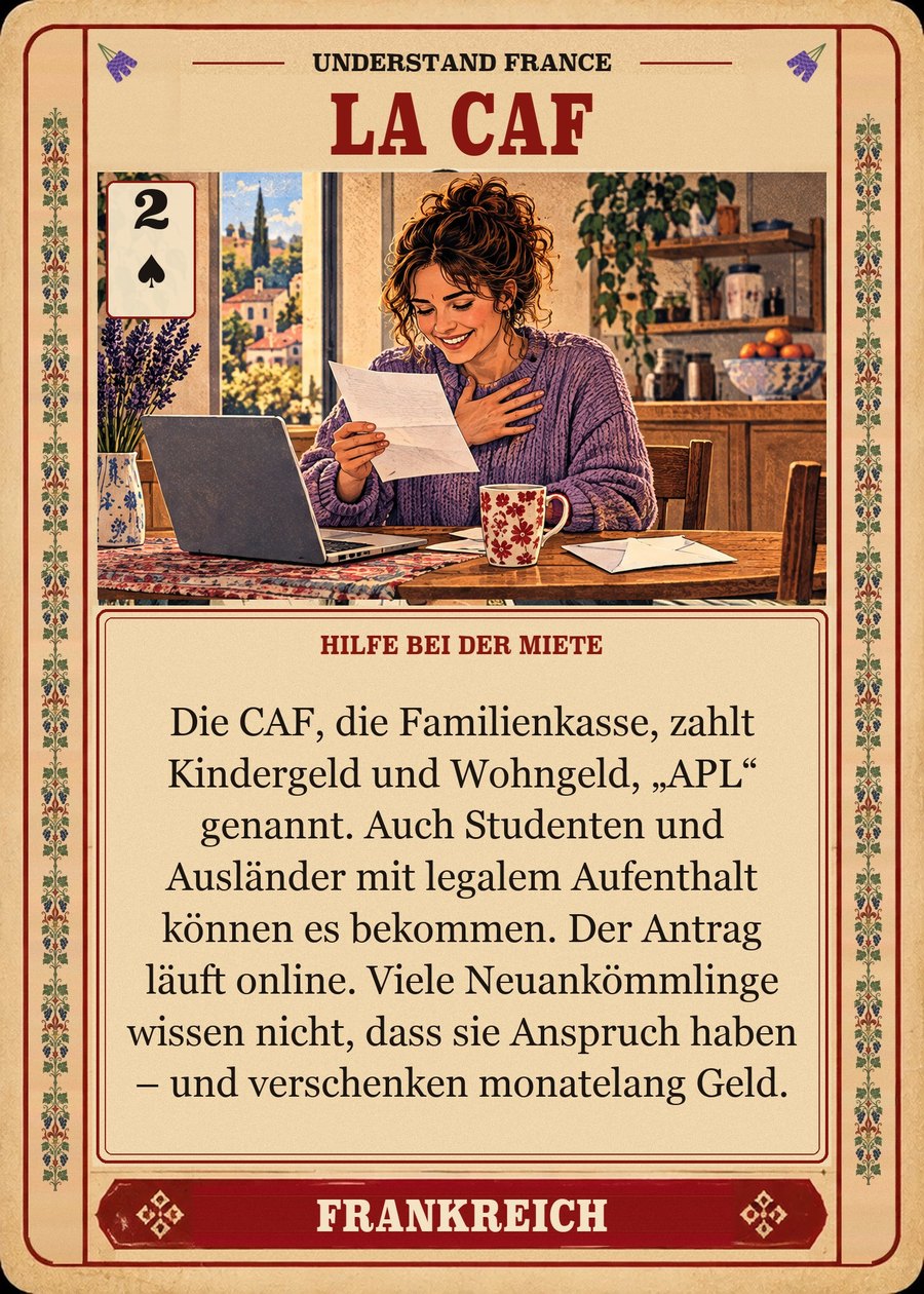 LA CAF — Hilfe bei der Miete. Die CAF, die Familienkasse, zahlt Kindergeld und Wohngeld, „APL“ genannt. Auch Studenten und Ausländer mit legalem Aufenthalt können es bekommen. Der Antrag läuft online. Viele Neuankömmlinge wissen nicht, dass sie Anspruch haben – und verschenken monatelang Geld.
