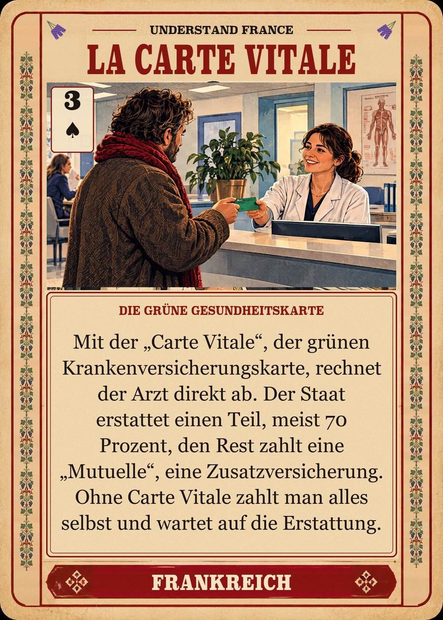 LA CARTE VITALE — die grüne Gesundheitskarte. Mit der „Carte Vitale“, der grünen Krankenversicherungskarte, rechnet der Arzt direkt ab. Der Staat erstattet einen Teil, meist 70 Prozent, den Rest zahlt eine „Mutuelle“, eine Zusatzversicherung. Ohne Carte Vitale zahlt man alles selbst und wartet auf die Erstattung.