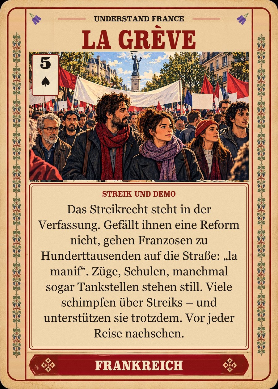 LA GRÈVE — Streik und Demo. Das Streikrecht steht in der Verfassung. Gefällt ihnen eine Reform nicht, gehen Franzosen zu Hunderttausenden auf die Straße: „la manif“. Züge, Schulen, manchmal sogar Tankstellen stehen still. Viele schimpfen über Streiks – und unterstützen sie trotzdem. Vor jeder Reise nachsehen.