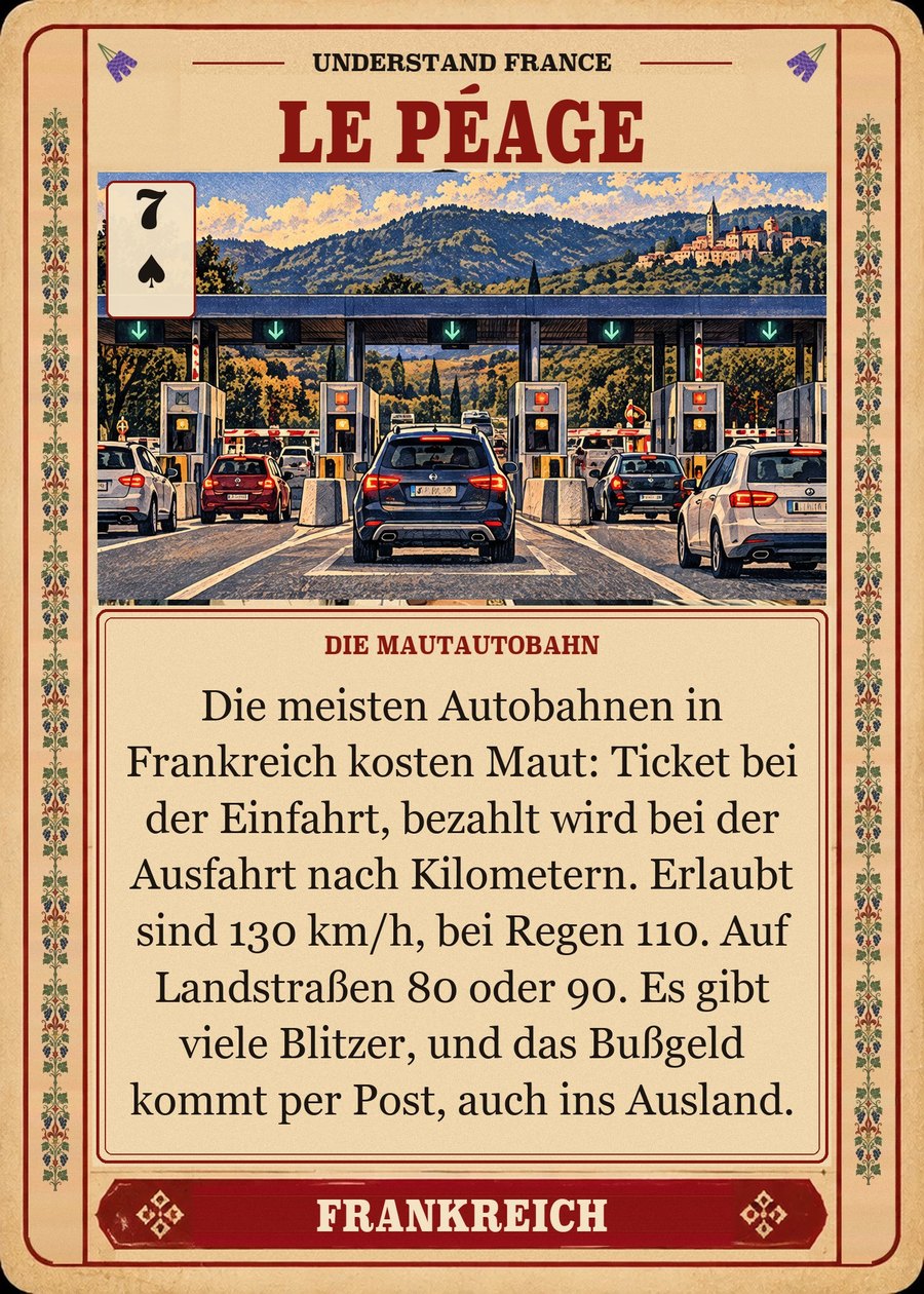 LE PÉAGE — die Mautautobahn. Die meisten Autobahnen in Frankreich kosten Maut: Ticket bei der Einfahrt, bezahlt wird bei der Ausfahrt nach Kilometern. Erlaubt sind 130 km/h, bei Regen 110. Auf Landstraßen 80 oder 90. Es gibt viele Blitzer, und das Bußgeld kommt per Post, auch ins Ausland.
