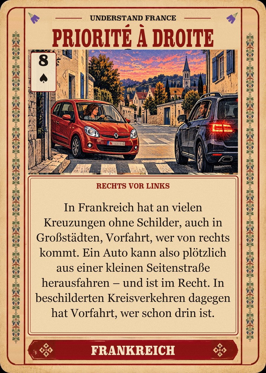 PRIORITÉ À DROITE — rechts vor links. In Frankreich hat an vielen Kreuzungen ohne Schilder, auch in Großstädten, Vorfahrt, wer von rechts kommt. Ein Auto kann also plötzlich aus einer kleinen Seitenstraße herausfahren – und ist im Recht. In beschilderten Kreisverkehren dagegen hat Vorfahrt, wer schon drin ist.