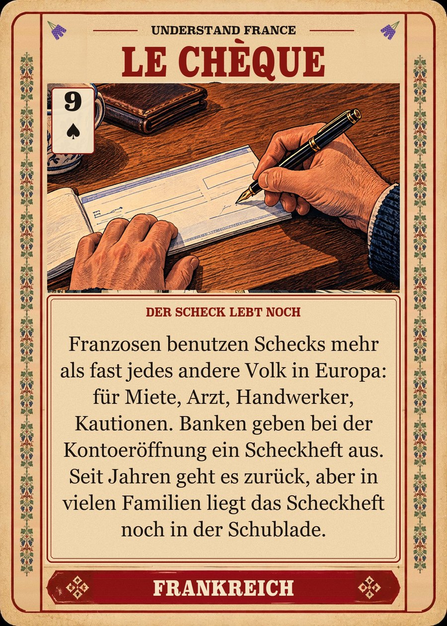 LE CHÈQUE — der Scheck lebt noch. Franzosen benutzen Schecks mehr als fast jedes andere Volk in Europa: für Miete, Arzt, Handwerker, Kautionen. Banken geben bei der Kontoeröffnung ein Scheckheft aus. Seit Jahren geht es zurück, aber in vielen Familien liegt das Scheckheft noch in der Schublade.