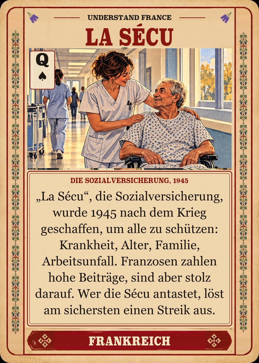 LA SÉCU — die Sozialversicherung, 1945. „La Sécu“, die Sozialversicherung, wurde 1945 nach dem Krieg geschaffen, um alle zu schützen: Krankheit, Alter, Familie, Arbeitsunfall. Franzosen zahlen hohe Beiträge, sind aber stolz darauf. Wer die Sécu antastet, löst am sichersten einen Streik aus.
