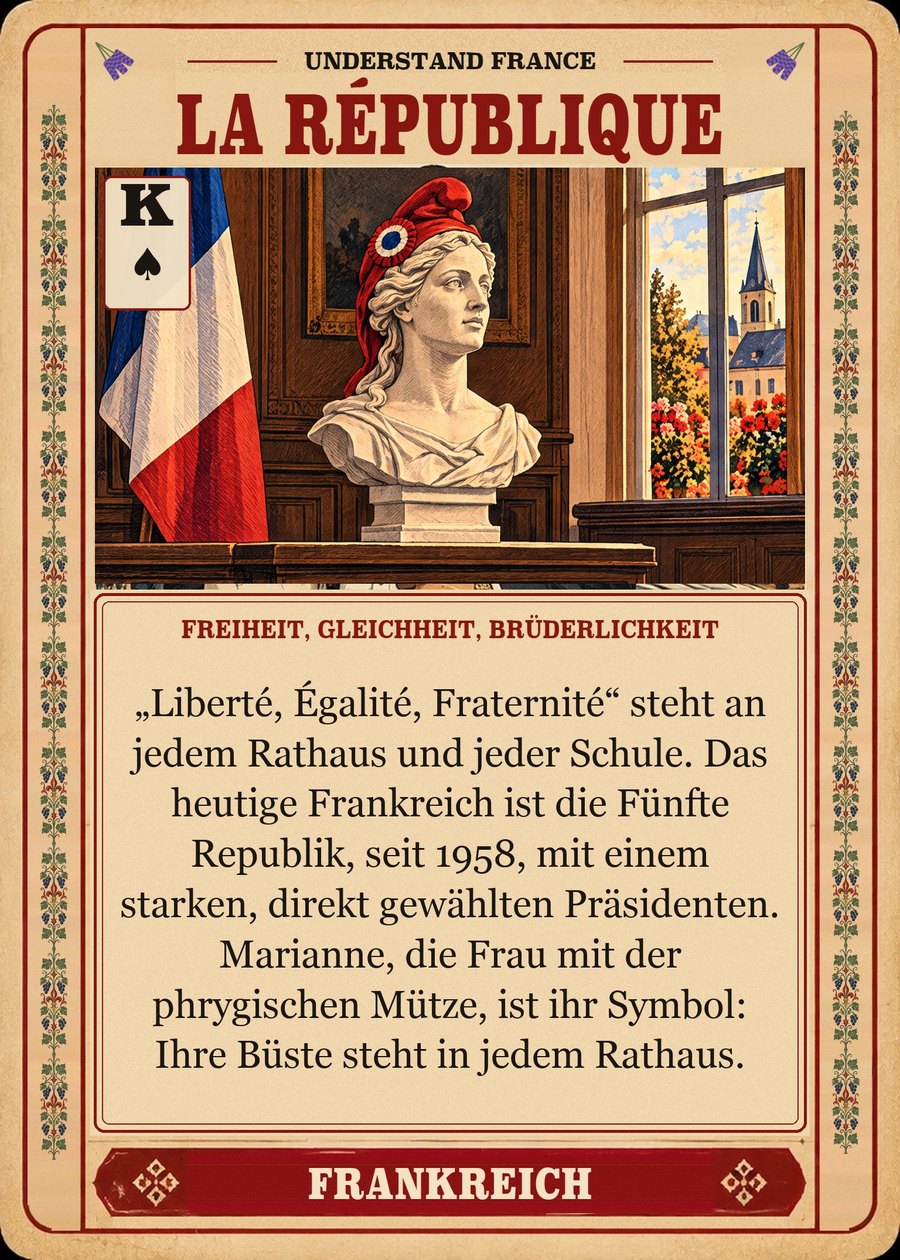 LA RÉPUBLIQUE — Freiheit, Gleichheit, Brüderlichkeit. „Liberté, Égalité, Fraternité“ steht an jedem Rathaus und jeder Schule. Das heutige Frankreich ist die Fünfte Republik, seit 1958, mit einem starken, direkt gewählten Präsidenten. Marianne, die Frau mit der phrygischen Mütze, ist ihr Symbol: Ihre Büste steht in jedem Rathaus.