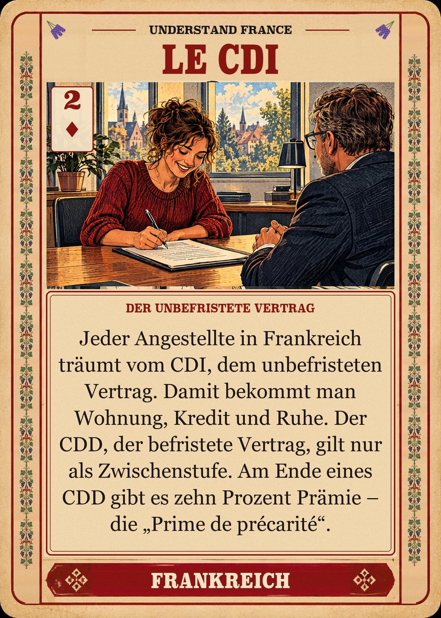 LE CDI — der unbefristete Vertrag. Jeder Angestellte in Frankreich träumt vom CDI, dem unbefristeten Vertrag. Damit bekommt man Wohnung, Kredit und Ruhe. Der CDD, der befristete Vertrag, gilt nur als Zwischenstufe. Am Ende eines CDD gibt es zehn Prozent Prämie – die „Prime de précarité“.