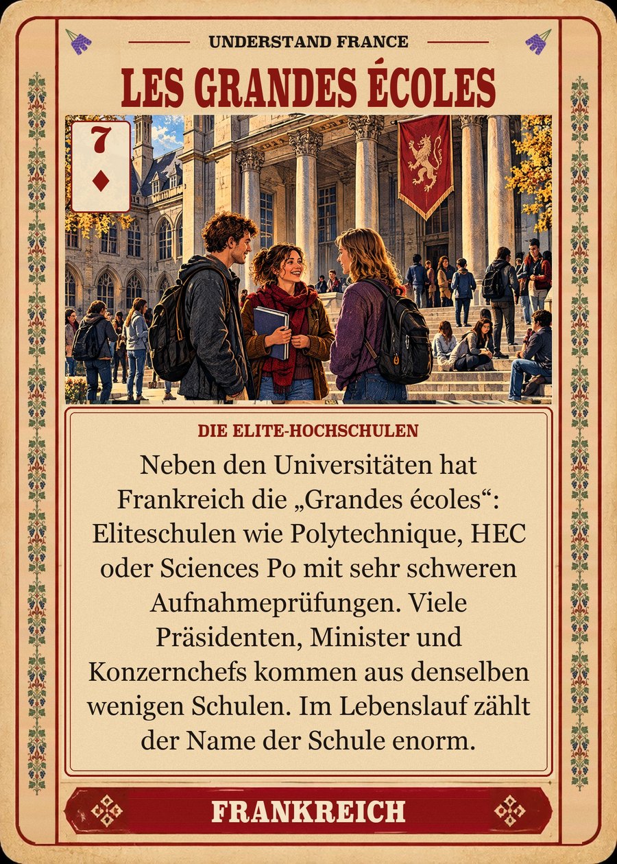LES GRANDES ÉCOLES — die Elite-Hochschulen. Neben den Universitäten hat Frankreich die „Grandes écoles“: Eliteschulen wie Polytechnique, HEC oder Sciences Po mit sehr schweren Aufnahmeprüfungen. Viele Präsidenten, Minister und Konzernchefs kommen aus denselben wenigen Schulen. Im Lebenslauf zählt der Name der Schule enorm.