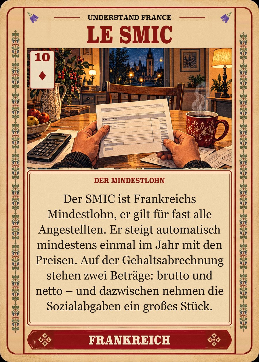 LE SMIC — der Mindestlohn. Der SMIC ist Frankreichs Mindestlohn, er gilt für fast alle Angestellten. Er steigt automatisch mindestens einmal im Jahr mit den Preisen. Auf der Gehaltsabrechnung stehen zwei Beträge: brutto und netto – und dazwischen nehmen die Sozialabgaben ein großes Stück.