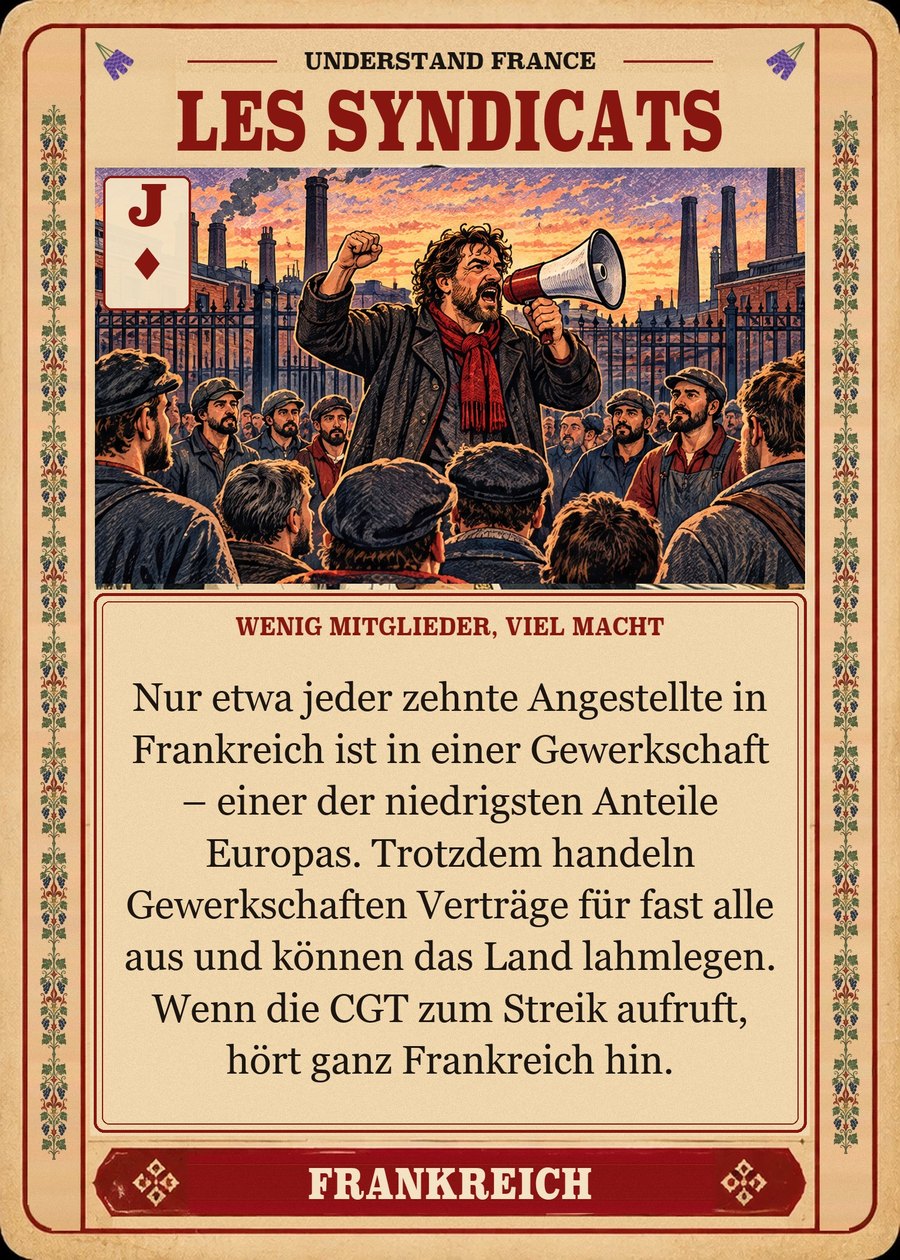 LES SYNDICATS — wenig Mitglieder, viel Macht. Nur etwa jeder zehnte Angestellte in Frankreich ist in einer Gewerkschaft – einer der niedrigsten Anteile Europas. Trotzdem handeln Gewerkschaften Verträge für fast alle aus und können das Land lahmlegen. Wenn die CGT zum Streik aufruft, hört ganz Frankreich hin.