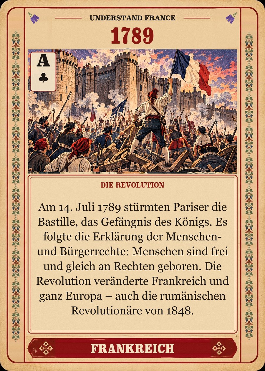 1789 — die Revolution. Am 14. Juli 1789 stürmten Pariser die Bastille, das Gefängnis des Königs. Es folgte die Erklärung der Menschen- und Bürgerrechte: Menschen sind frei und gleich an Rechten geboren. Die Revolution veränderte Frankreich und ganz Europa – auch die rumänischen Revolutionäre von 1848.