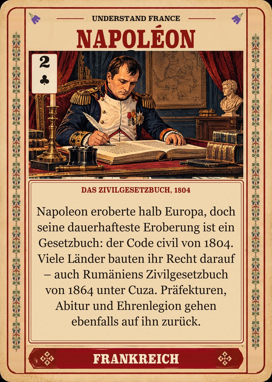 NAPOLÉON — das Zivilgesetzbuch, 1804. Napoleon eroberte halb Europa, doch seine dauerhafteste Eroberung ist ein Gesetzbuch: der Code civil von 1804. Viele Länder bauten ihr Recht darauf – auch Rumäniens Zivilgesetzbuch von 1864 unter Cuza. Präfekturen, Abitur und Ehrenlegion gehen ebenfalls auf ihn zurück.