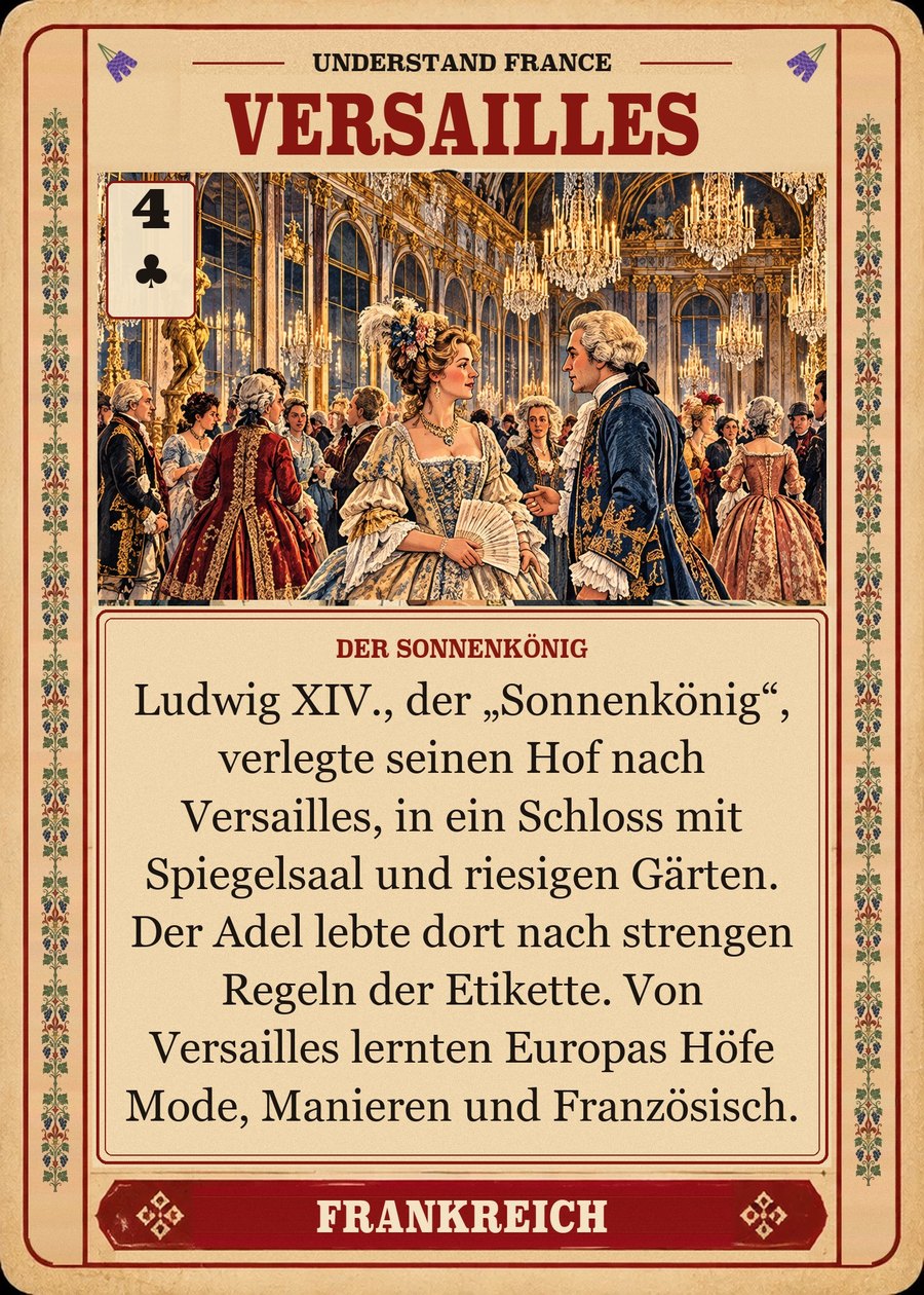 VERSAILLES — der Sonnenkönig. Ludwig XIV., der „Sonnenkönig“, verlegte seinen Hof nach Versailles, in ein Schloss mit Spiegelsaal und riesigen Gärten. Der Adel lebte dort nach strengen Regeln der Etikette. Von Versailles lernten Europas Höfe Mode, Manieren und Französisch.