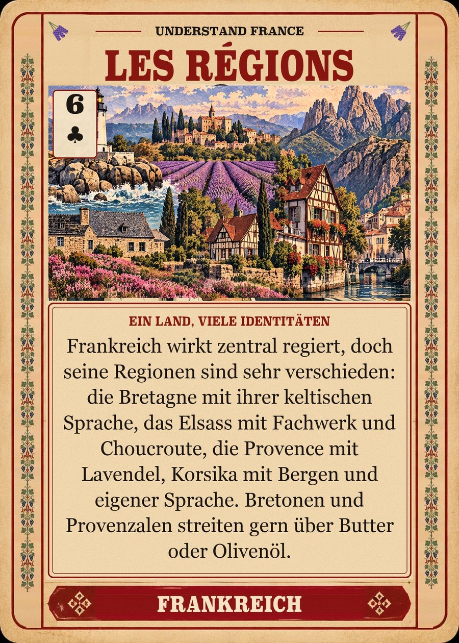 LES RÉGIONS — ein Land, viele Identitäten. Frankreich wirkt zentral regiert, doch seine Regionen sind sehr verschieden: die Bretagne mit ihrer keltischen Sprache, das Elsass mit Fachwerk und Choucroute, die Provence mit Lavendel, Korsika mit Bergen und eigener Sprache. Bretonen und Provenzalen streiten gern über Butter oder Olivenöl.
