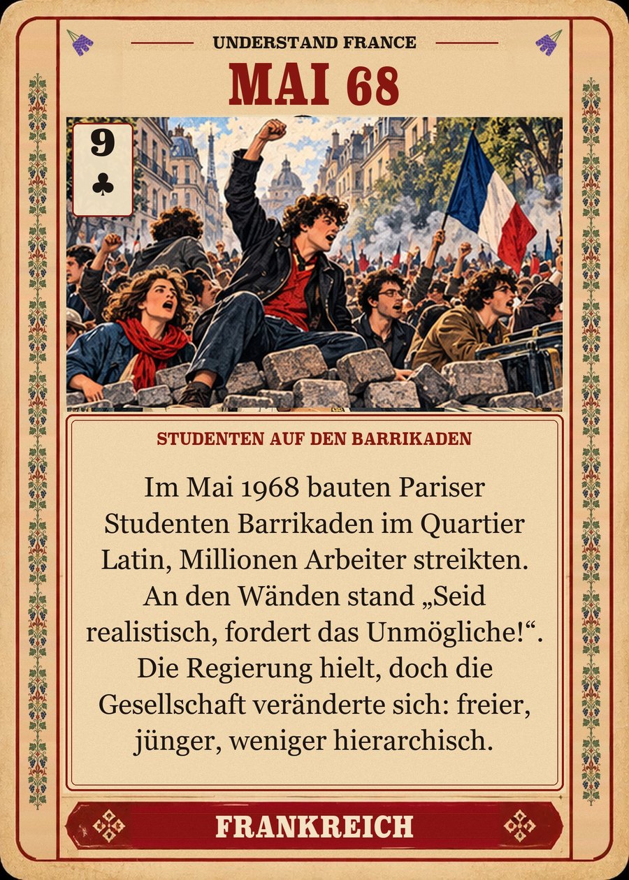 MAI 68 — Studenten auf den Barrikaden. Im Mai 1968 bauten Pariser Studenten Barrikaden im Quartier Latin, Millionen Arbeiter streikten. An den Wänden stand „Seid realistisch, fordert das Unmögliche!“. Die Regierung hielt, doch die Gesellschaft veränderte sich: freier, jünger, weniger hierarchisch.