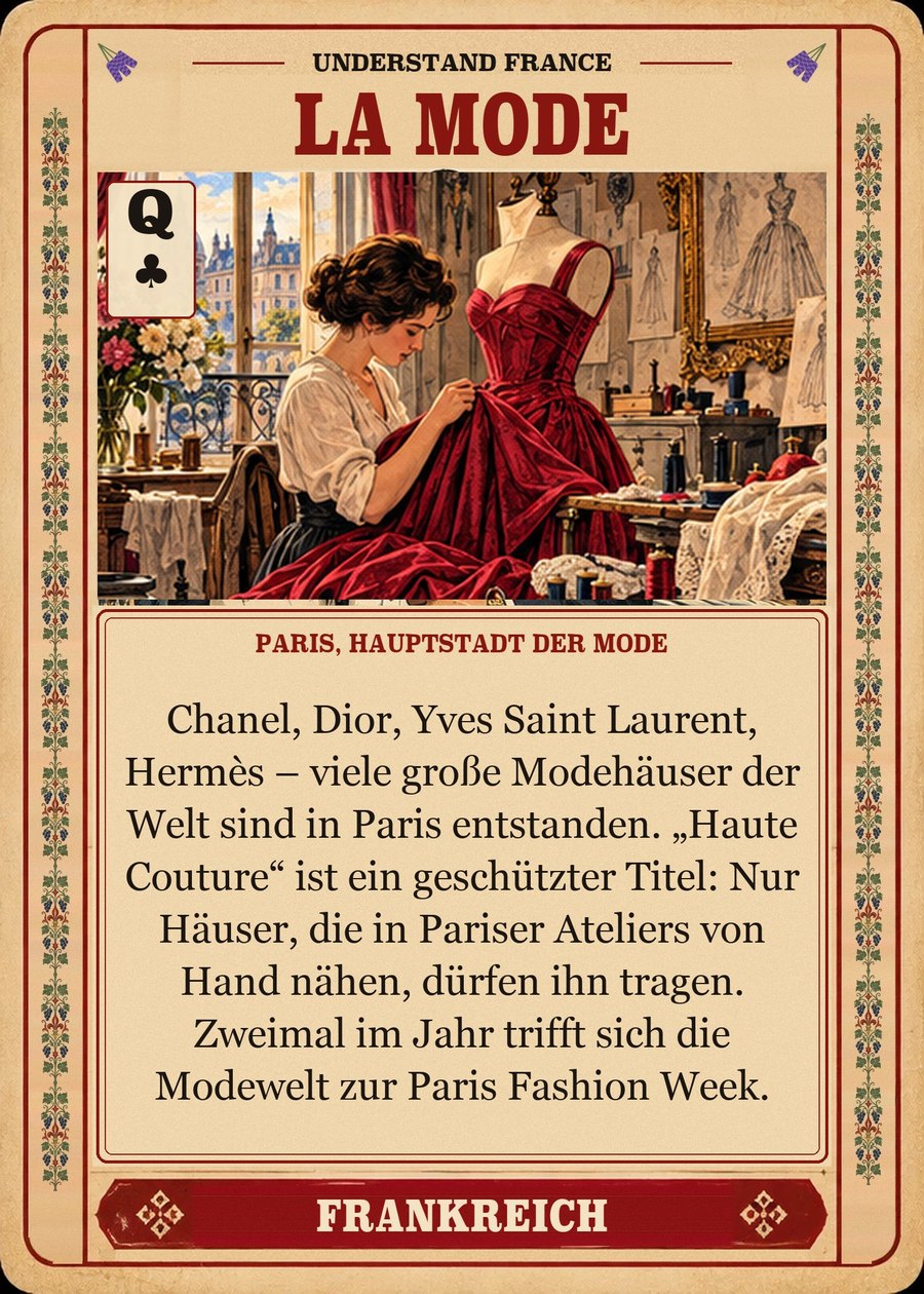 LA MODE — Paris, Hauptstadt der Mode. Chanel, Dior, Yves Saint Laurent, Hermès – viele große Modehäuser der Welt sind in Paris entstanden. „Haute Couture“ ist ein geschützter Titel: Nur Häuser, die in Pariser Ateliers von Hand nähen, dürfen ihn tragen. Zweimal im Jahr trifft sich die Modewelt zur Paris Fashion Week.