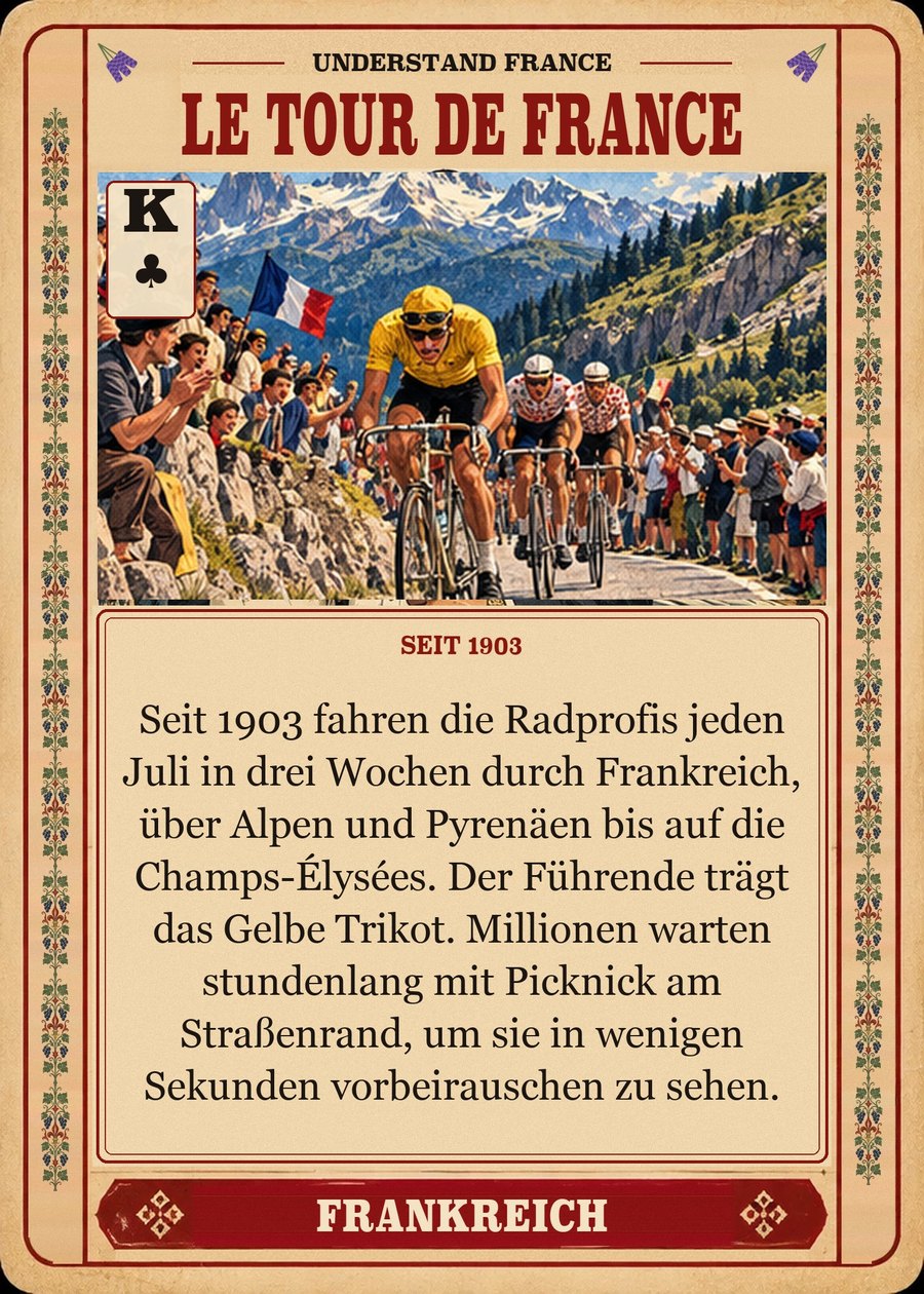 LE TOUR DE FRANCE — seit 1903. Seit 1903 fahren die Radprofis jeden Juli in drei Wochen durch Frankreich, über Alpen und Pyrenäen bis auf die Champs-Élysées. Der Führende trägt das Gelbe Trikot. Millionen warten stundenlang mit Picknick am Straßenrand, um sie in wenigen Sekunden vorbeirauschen zu sehen.