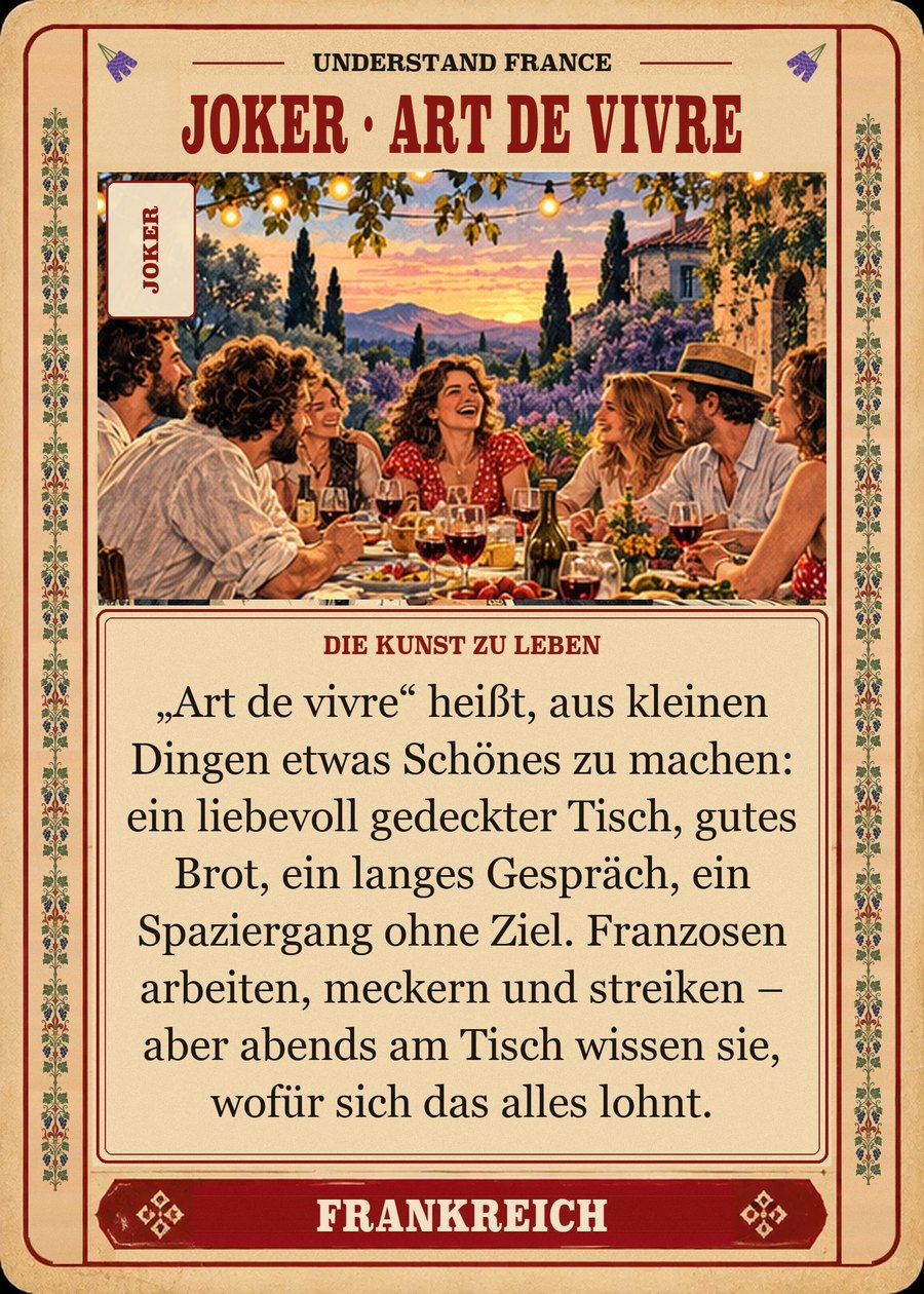 JOKER · ART DE VIVRE — die Kunst zu leben. „Art de vivre“ heißt, aus kleinen Dingen etwas Schönes zu machen: ein liebevoll gedeckter Tisch, gutes Brot, ein langes Gespräch, ein Spaziergang ohne Ziel. Franzosen arbeiten, meckern und streiken – aber abends am Tisch wissen sie, wofür sich das alles lohnt.