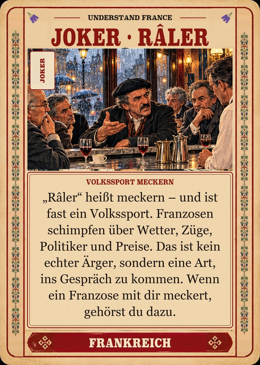 JOKER · RÂLER — Volkssport Meckern. „Râler“ heißt meckern – und ist fast ein Volkssport. Franzosen schimpfen über Wetter, Züge, Politiker und Preise. Das ist kein echter Ärger, sondern eine Art, ins Gespräch zu kommen. Wenn ein Franzose mit dir meckert, gehörst du dazu.