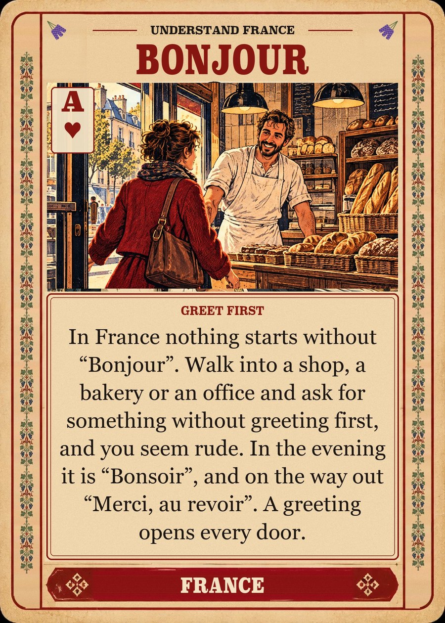 BONJOUR — greet first. In France nothing starts without “Bonjour”. Walk into a shop, a bakery or an office and ask for something without greeting first, and you seem rude. In the evening it is “Bonsoir”, and on the way out “Merci, au revoir”. A greeting opens every door.