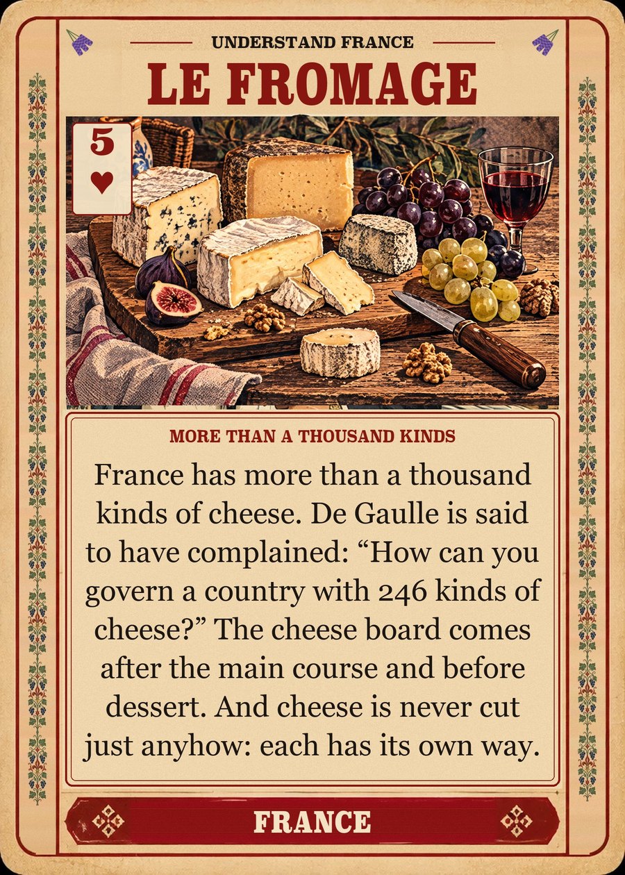 LE FROMAGE — more than a thousand kinds. France has more than a thousand kinds of cheese. De Gaulle is said to have complained: “How can you govern a country with 246 kinds of cheese?” The cheese board comes after the main course and before dessert. And cheese is never cut just anyhow: each has its own way.