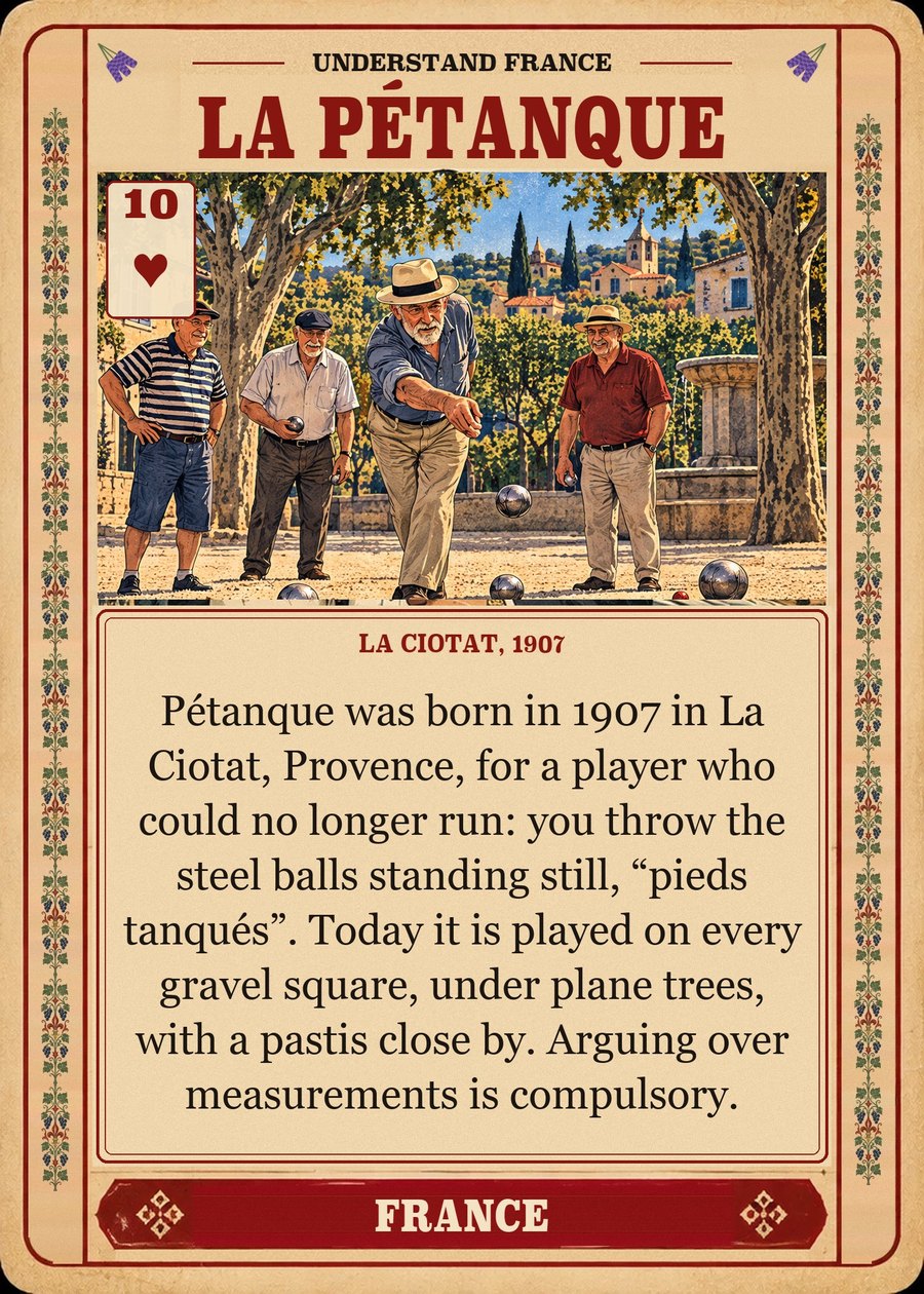 LA PÉTANQUE — La Ciotat, 1907. Pétanque was born in 1907 in La Ciotat, Provence, for a player who could no longer run: you throw the steel balls standing still, “pieds tanqués”. Today it is played on every gravel square, under plane trees, with a pastis close by. Arguing over measurements is compulsory.
