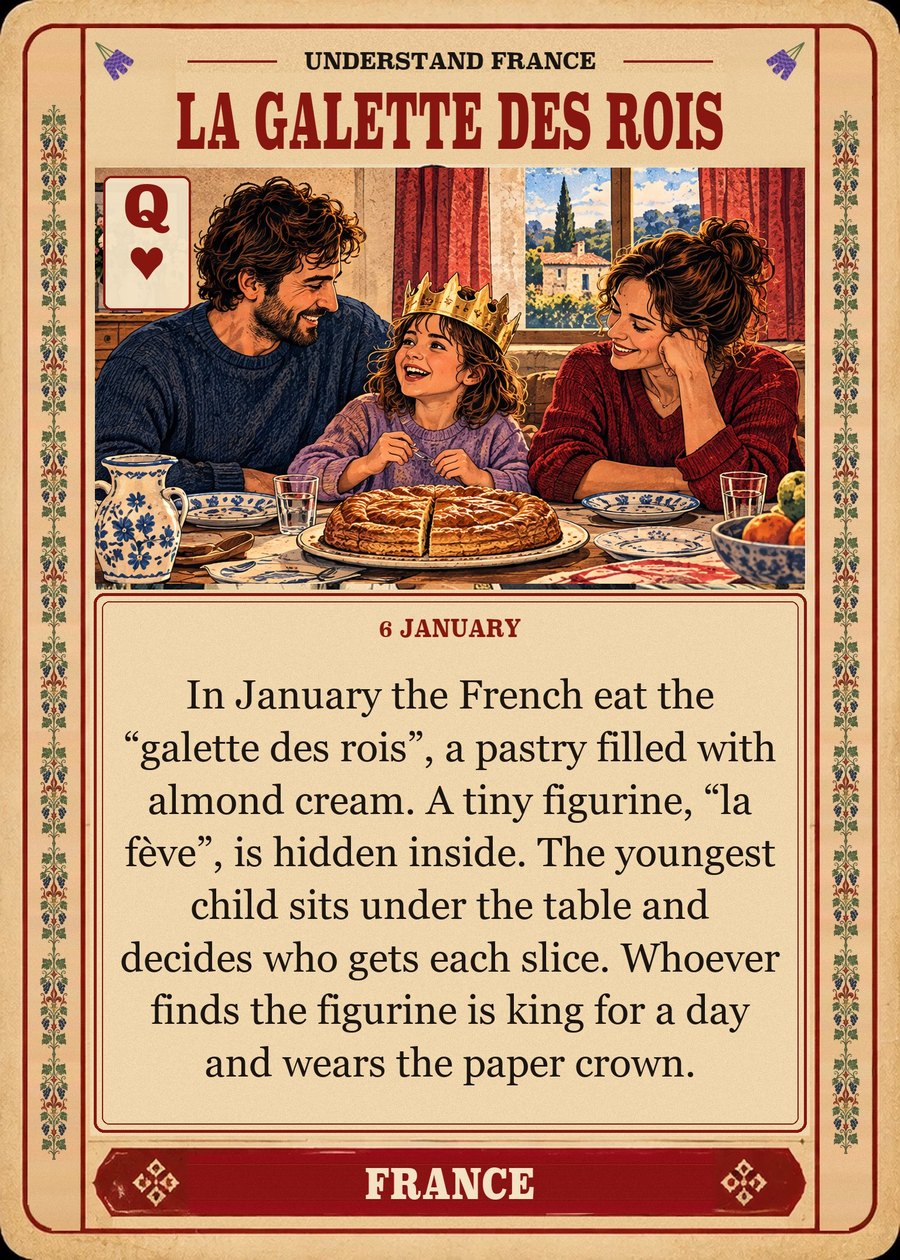 LA GALETTE DES ROIS — 6 January. In January the French eat the “galette des rois”, a pastry filled with almond cream. A tiny figurine, “la fève”, is hidden inside. The youngest child sits under the table and decides who gets each slice. Whoever finds the figurine is king for a day and wears the paper crown.