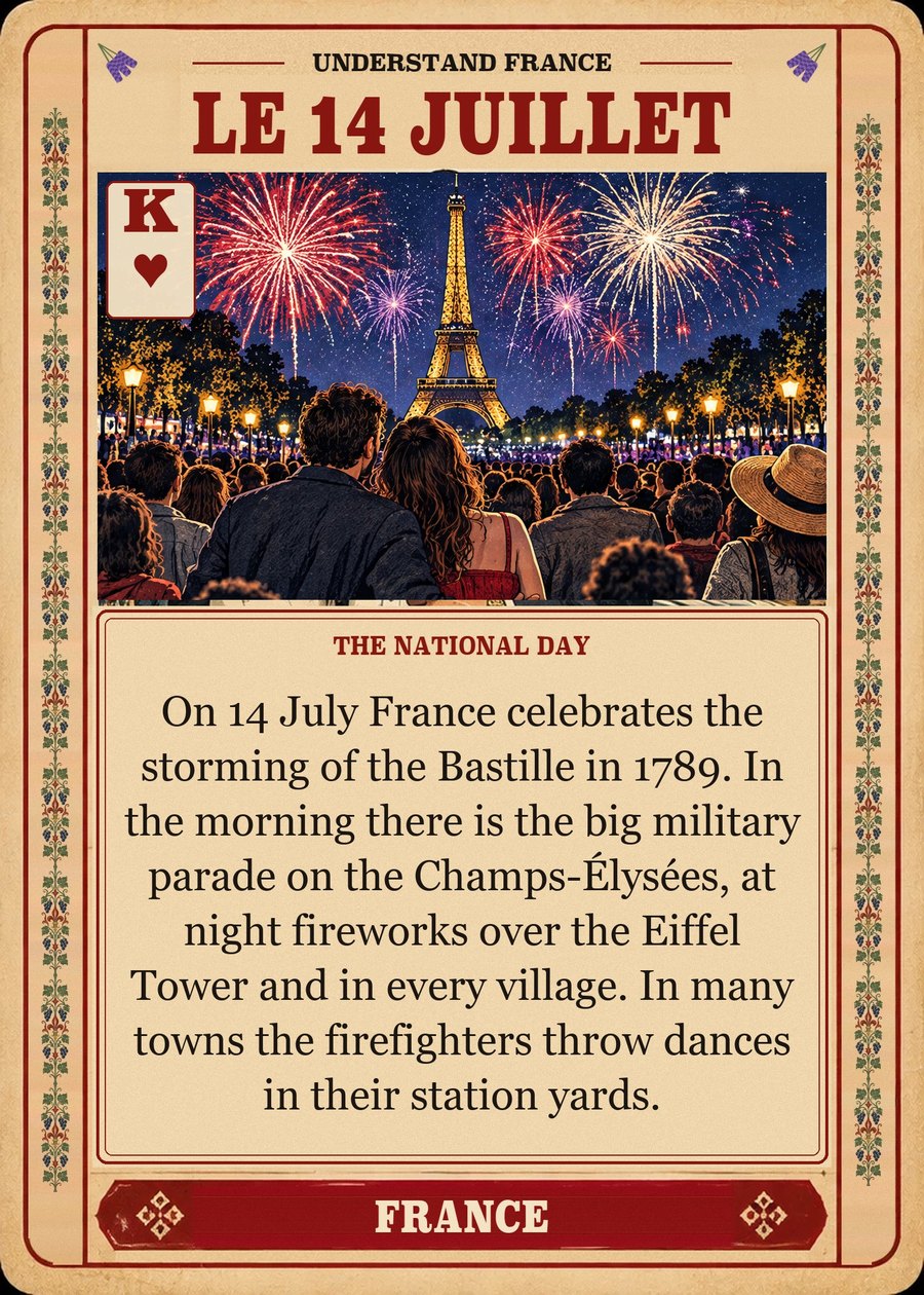 LE 14 JUILLET — the national day. On 14 July France celebrates the storming of the Bastille in 1789. In the morning there is the big military parade on the Champs-Élysées, at night fireworks over the Eiffel Tower and in every village. In many towns the firefighters throw dances in their station yards.