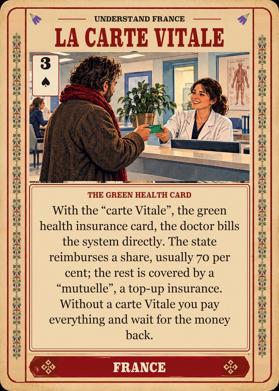 LA CARTE VITALE — the green health card. With the “carte Vitale”, the green health insurance card, the doctor bills the system directly. The state reimburses a share, usually 70 per cent; the rest is covered by a “mutuelle”, a top-up insurance. Without a carte Vitale you pay everything and wait for the money back.