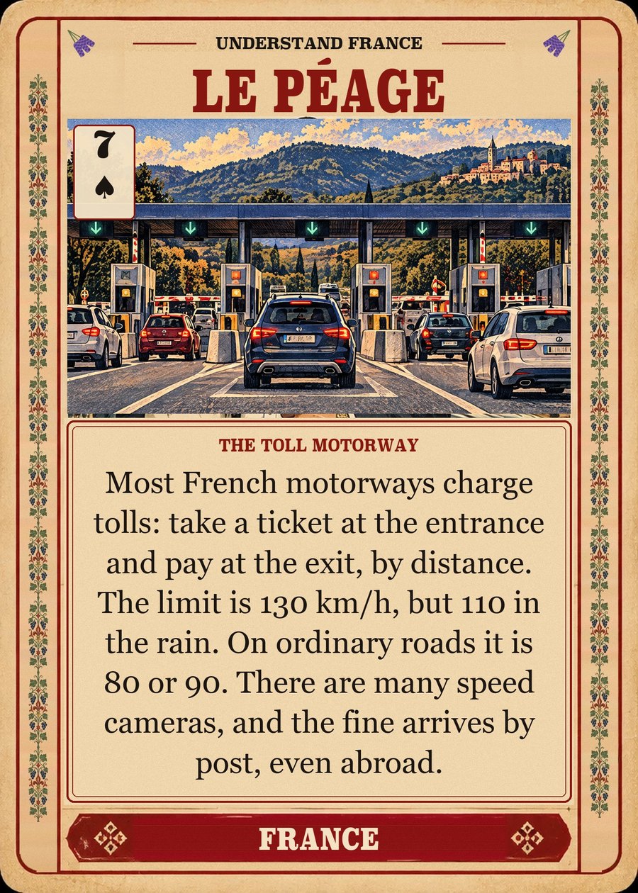 LE PÉAGE — the toll motorway. Most French motorways charge tolls: take a ticket at the entrance and pay at the exit, by distance. The limit is 130 km/h, but 110 in the rain. On ordinary roads it is 80 or 90. There are many speed cameras, and the fine arrives by post, even abroad.