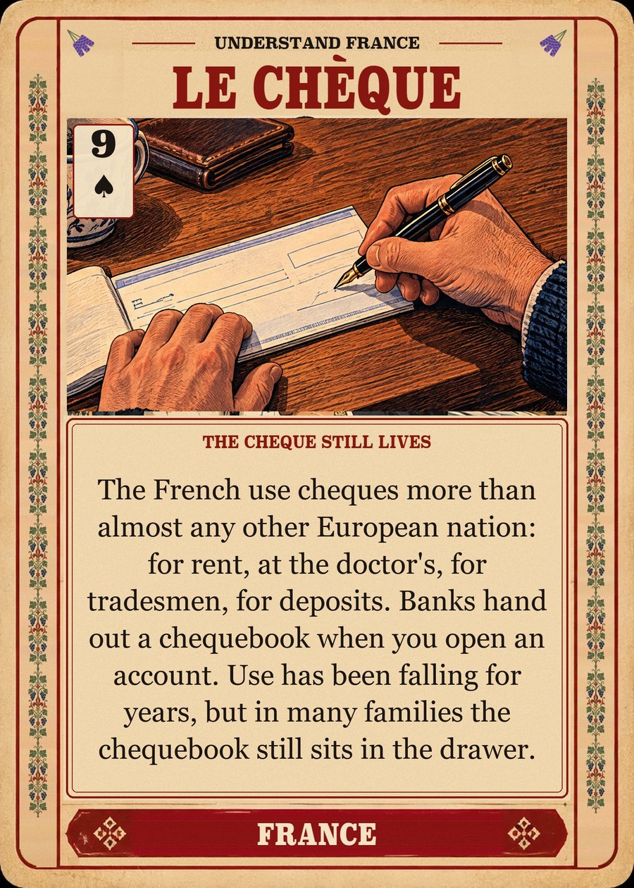 LE CHÈQUE — the cheque still lives. The French use cheques more than almost any other European nation: for rent, at the doctor's, for tradesmen, for deposits. Banks hand out a chequebook when you open an account. Use has been falling for years, but in many families the chequebook still sits in the drawer.