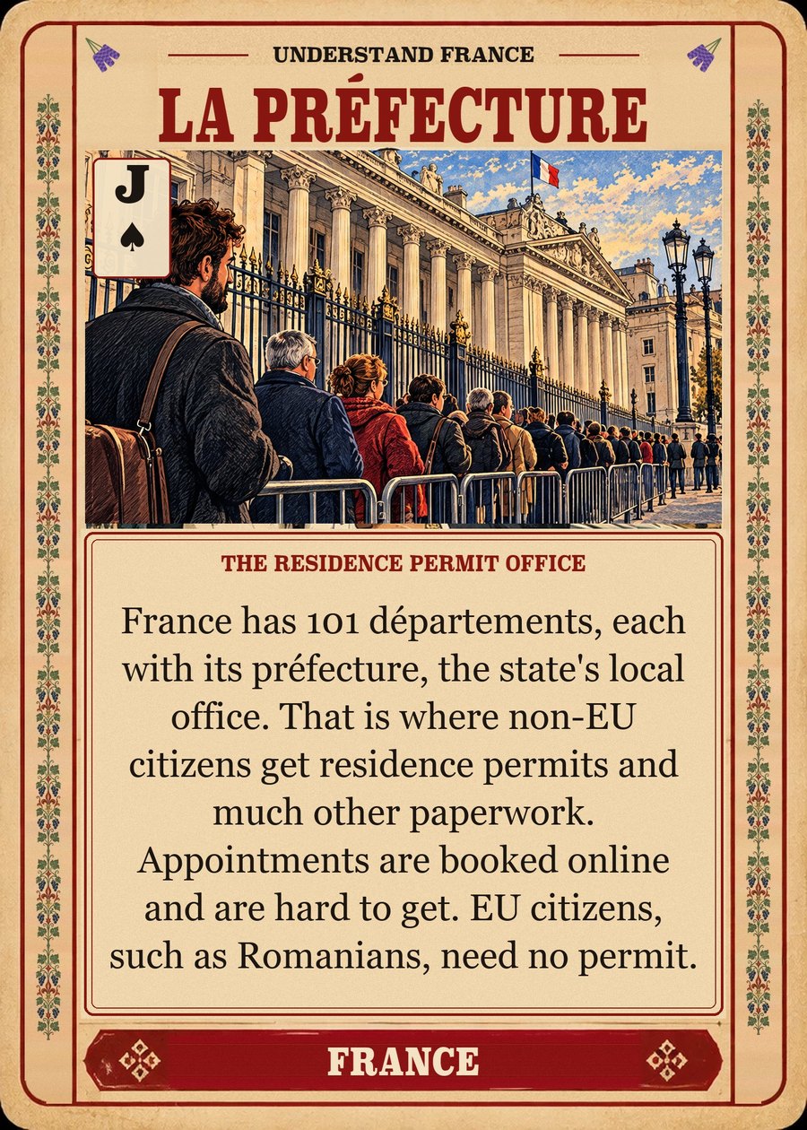 LA PRÉFECTURE — the residence permit office. France has 101 départements, each with its préfecture, the state's local office. That is where non-EU citizens get residence permits and much other paperwork. Appointments are booked online and are hard to get. EU citizens, such as Romanians, need no permit.