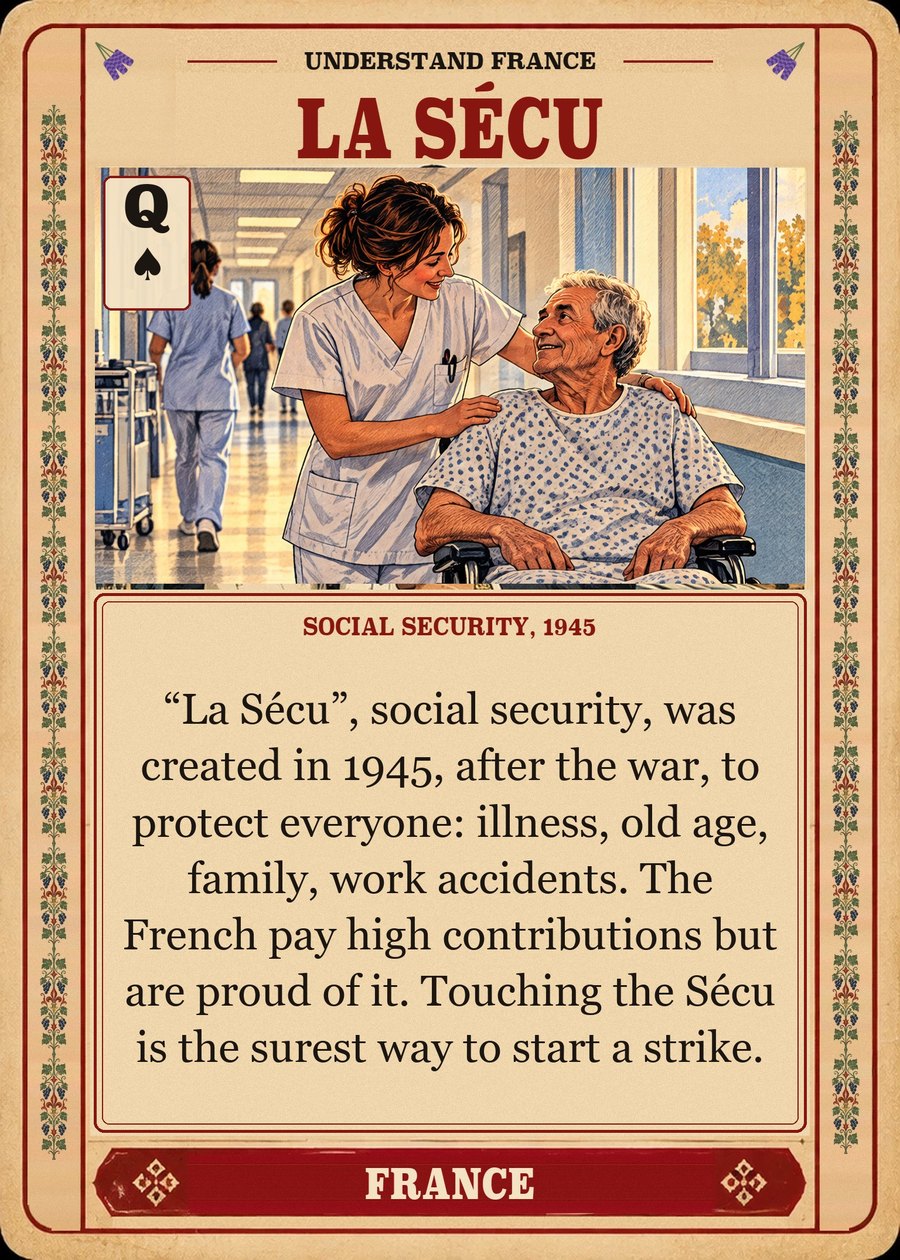 LA SÉCU — social security, 1945. “La Sécu”, social security, was created in 1945, after the war, to protect everyone: illness, old age, family, work accidents. The French pay high contributions but are proud of it. Touching the Sécu is the surest way to start a strike.