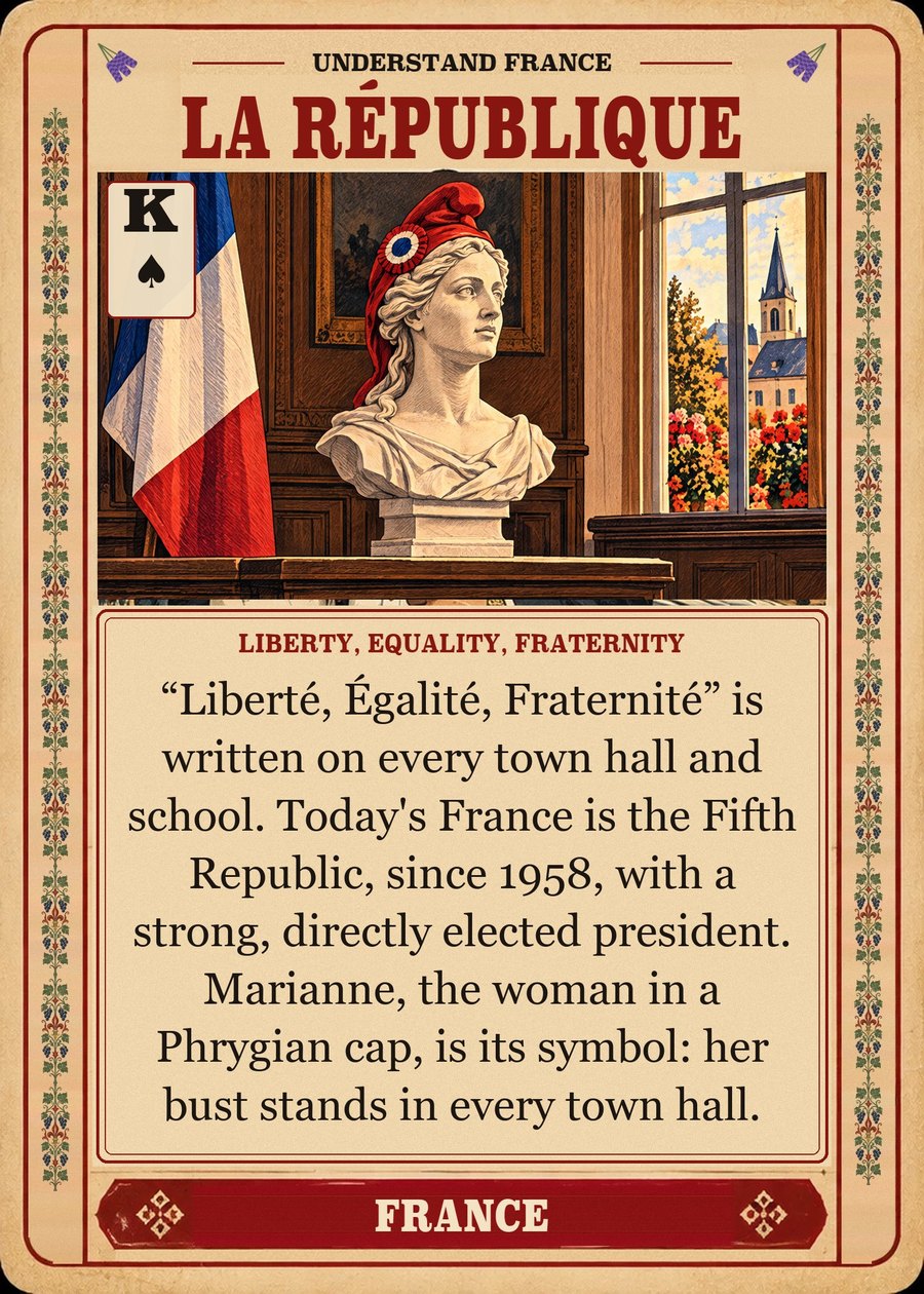 LA RÉPUBLIQUE — liberty, equality, fraternity. “Liberté, Égalité, Fraternité” is written on every town hall and school. Today's France is the Fifth Republic, since 1958, with a strong, directly elected president. Marianne, the woman in a Phrygian cap, is its symbol: her bust stands in every town hall.