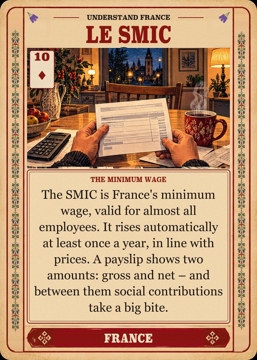 LE SMIC — the minimum wage. The SMIC is France's minimum wage, valid for almost all employees. It rises automatically at least once a year, in line with prices. A payslip shows two amounts: gross and net – and between them social contributions take a big bite.