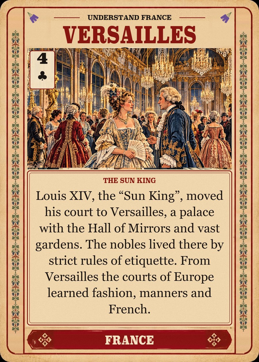 VERSAILLES — the Sun King. Louis XIV, the “Sun King”, moved his court to Versailles, a palace with the Hall of Mirrors and vast gardens. The nobles lived there by strict rules of etiquette. From Versailles the courts of Europe learned fashion, manners and French.