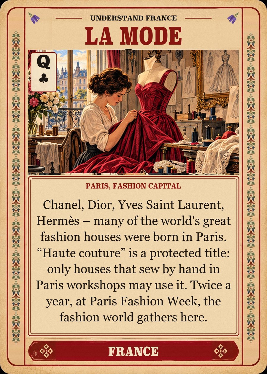 LA MODE — Paris, fashion capital. Chanel, Dior, Yves Saint Laurent, Hermès – many of the world's great fashion houses were born in Paris. “Haute couture” is a protected title: only houses that sew by hand in Paris workshops may use it. Twice a year, at Paris Fashion Week, the fashion world gathers here.