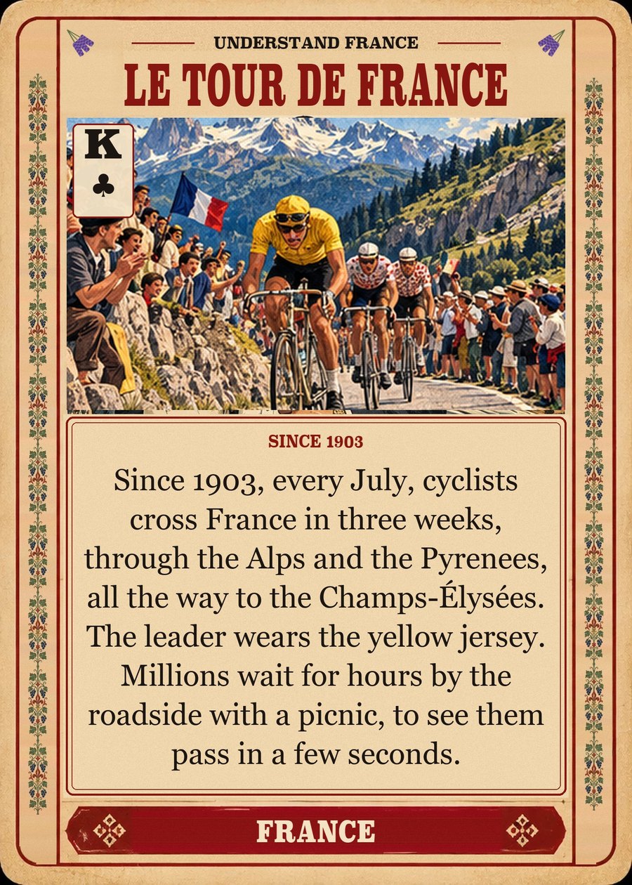 LE TOUR DE FRANCE — since 1903. Since 1903, every July, cyclists cross France in three weeks, through the Alps and the Pyrenees, all the way to the Champs-Élysées. The leader wears the yellow jersey. Millions wait for hours by the roadside with a picnic, to see them pass in a few seconds.