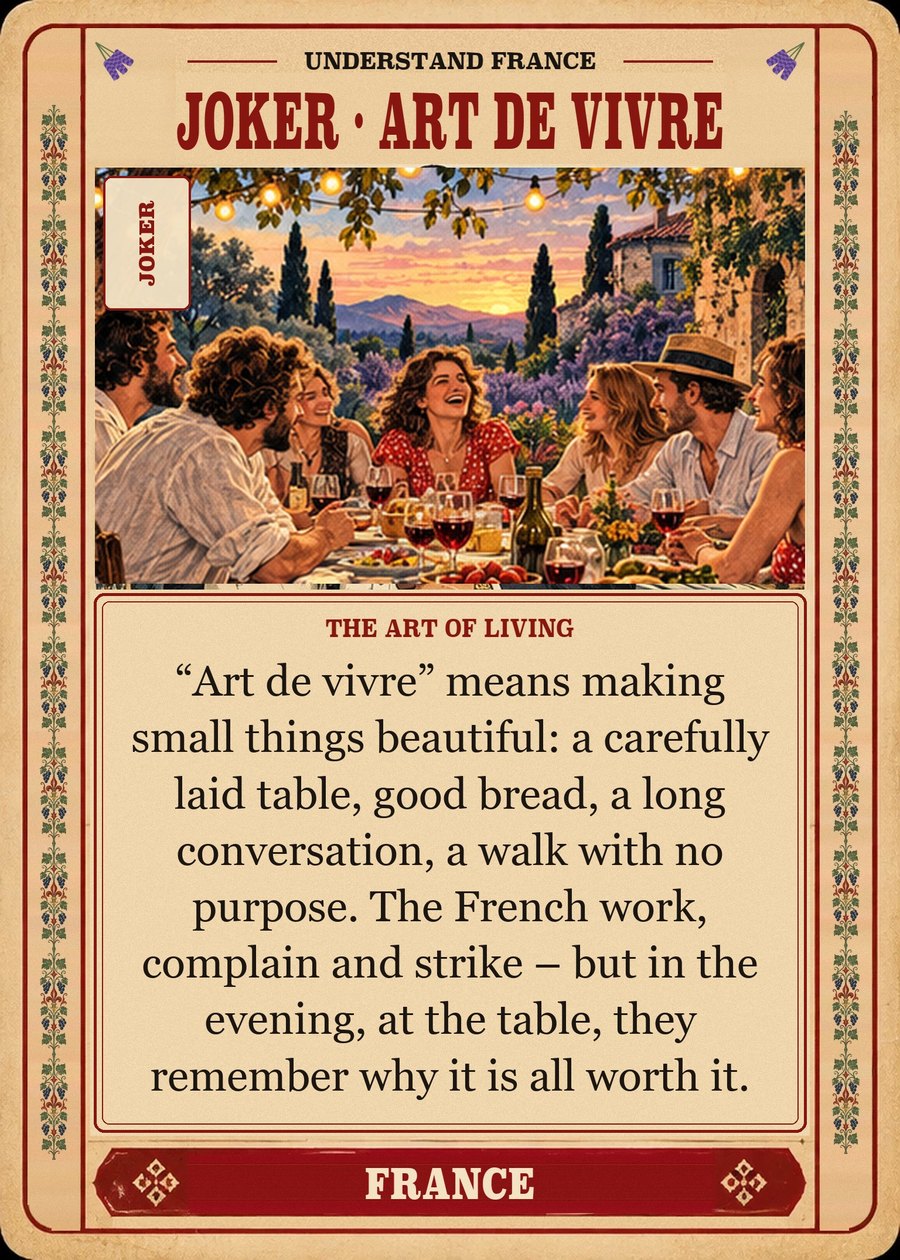 JOKER · ART DE VIVRE — the art of living. “Art de vivre” means making small things beautiful: a carefully laid table, good bread, a long conversation, a walk with no purpose. The French work, complain and strike – but in the evening, at the table, they remember why it is all worth it.